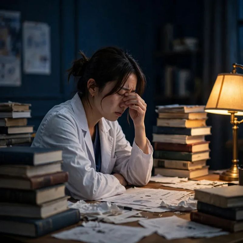 Médica exausta entre pilhas de livros