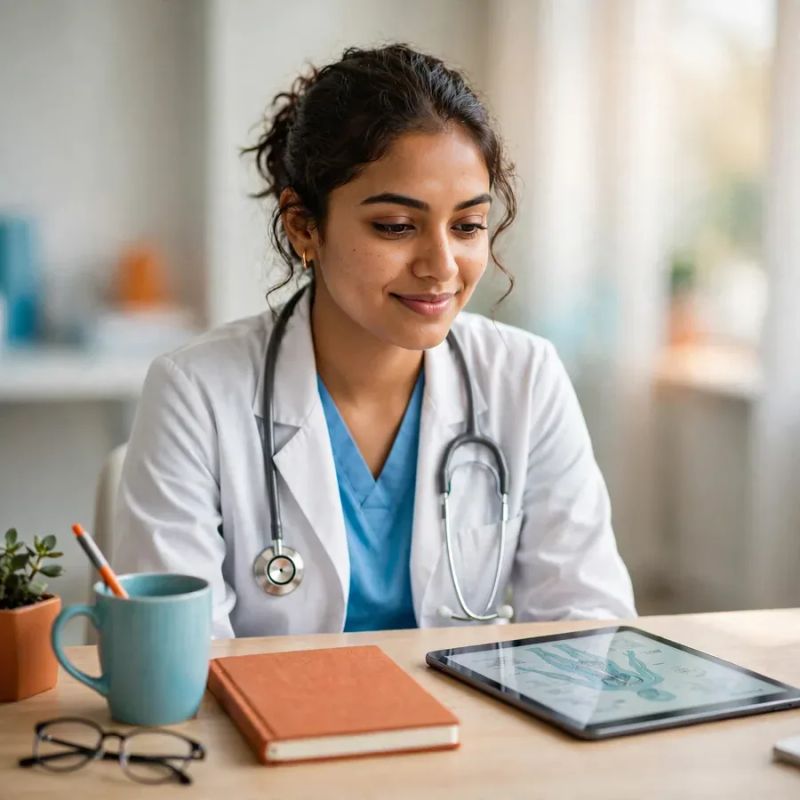 Médica estudando com calma e organização