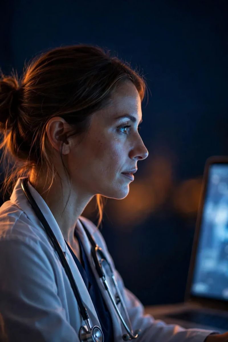 Médica estudando à noite